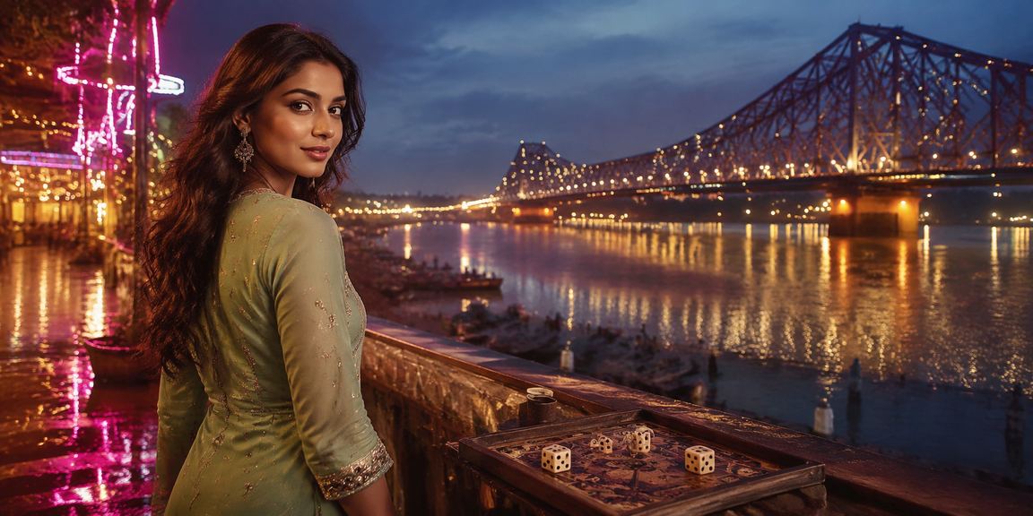 Scenic view of Howrah Bridge with dice game theme overlay